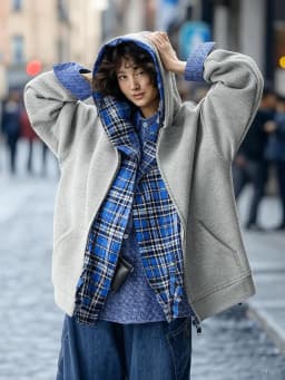 Vintage Reversible Plaid Lining Zipper Hoodie Unisex Gray Sweatshirt with Blue Tartan Inner Y2K Casual Streetwear men clothing