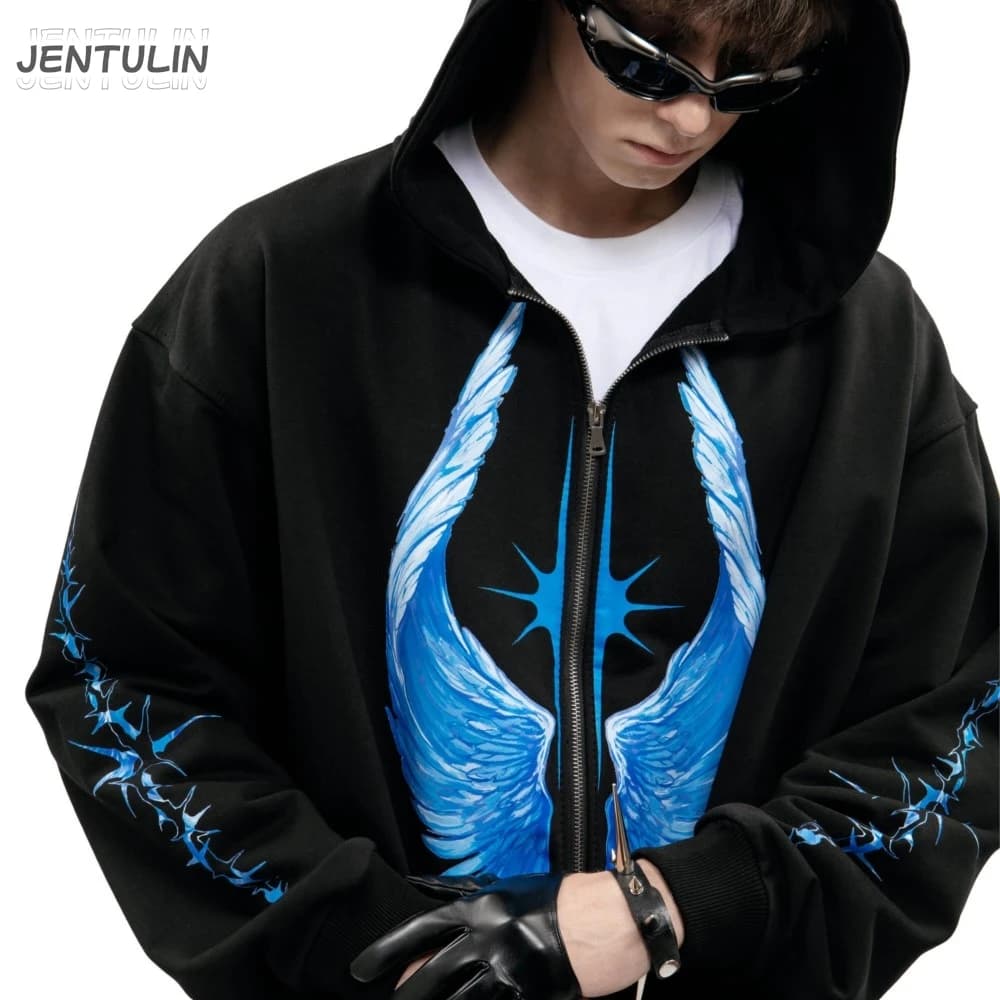 Streetwear Men Zipper Hoodie Bright Side Graphic Print Zip Hooded Pullover Sweatshirt Hip Hop Jacket Y2K Coat Clothing Goth Tops