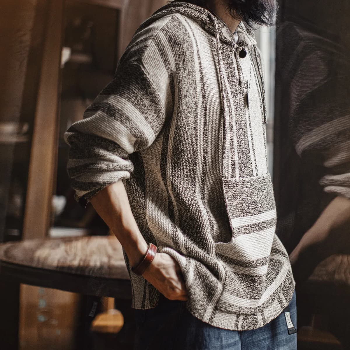 Maden Men's Mexican Style Baja Hoodie Stripe Knit Pullover with Half-Zip Lightweight Loose Fit Sweatshirt for Spring and Autumn