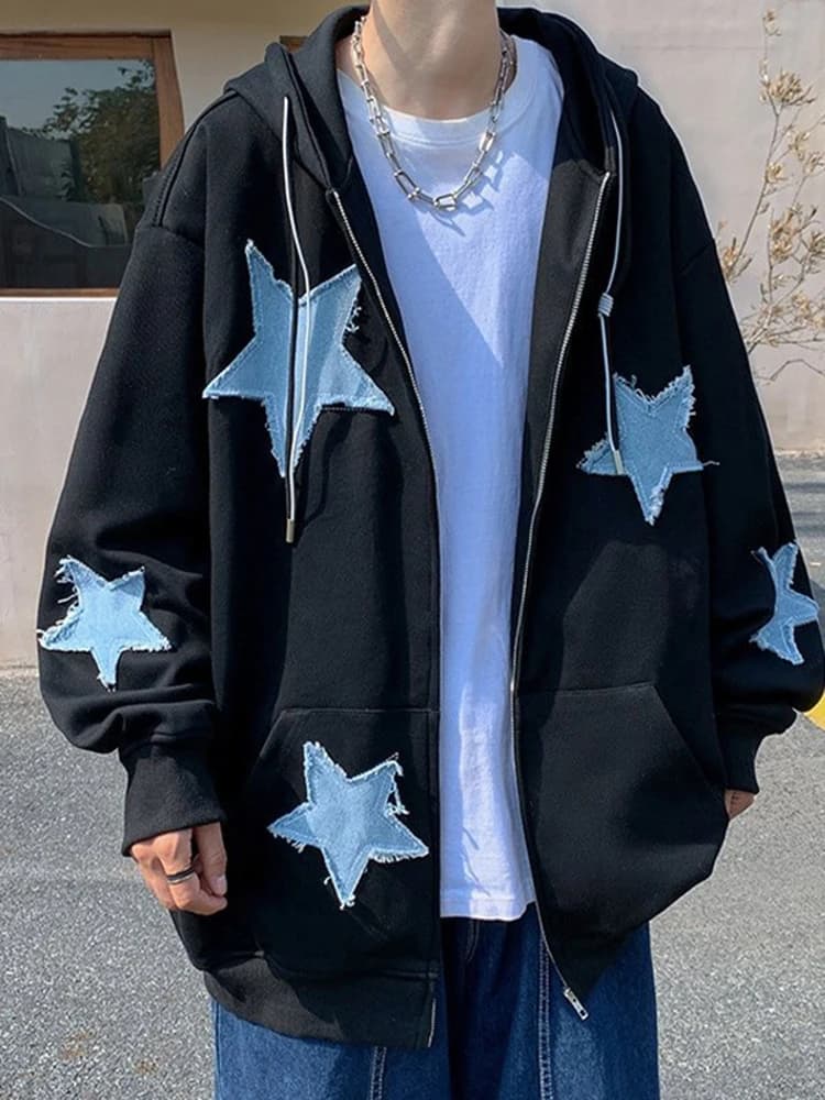 Men's Star Patch Zip Up Hoodie for Men Oversized Y2k Sweatshirt Jacket E-Girl 90s Pullover Streetwear