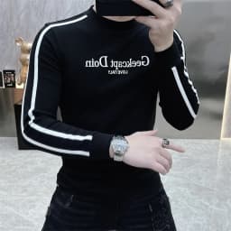 Men's Slim Fit Long Sleeve T-Shirt Embroidered Fleece Lined High Collar Base Shirt Youth Fashion Urban Style Wear Resistant