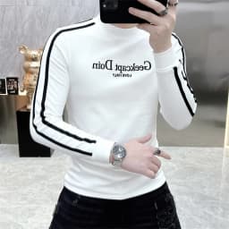 Men's Slim Fit Long Sleeve T-Shirt Embroidered Fleece Lined High Collar Base Shirt Youth Fashion Urban Style Wear Resistant