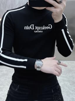 Men's Slim Fit Long Sleeve T-Shirt Embroidered Fleece Lined High Collar Base Shirt Youth Fashion Urban Style Wear Resistant