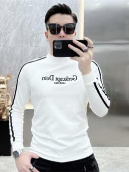 Men's Slim Fit Long Sleeve T-Shirt Embroidered Fleece Lined High Collar Base Shirt Youth Fashion Urban Style Wear Resistant