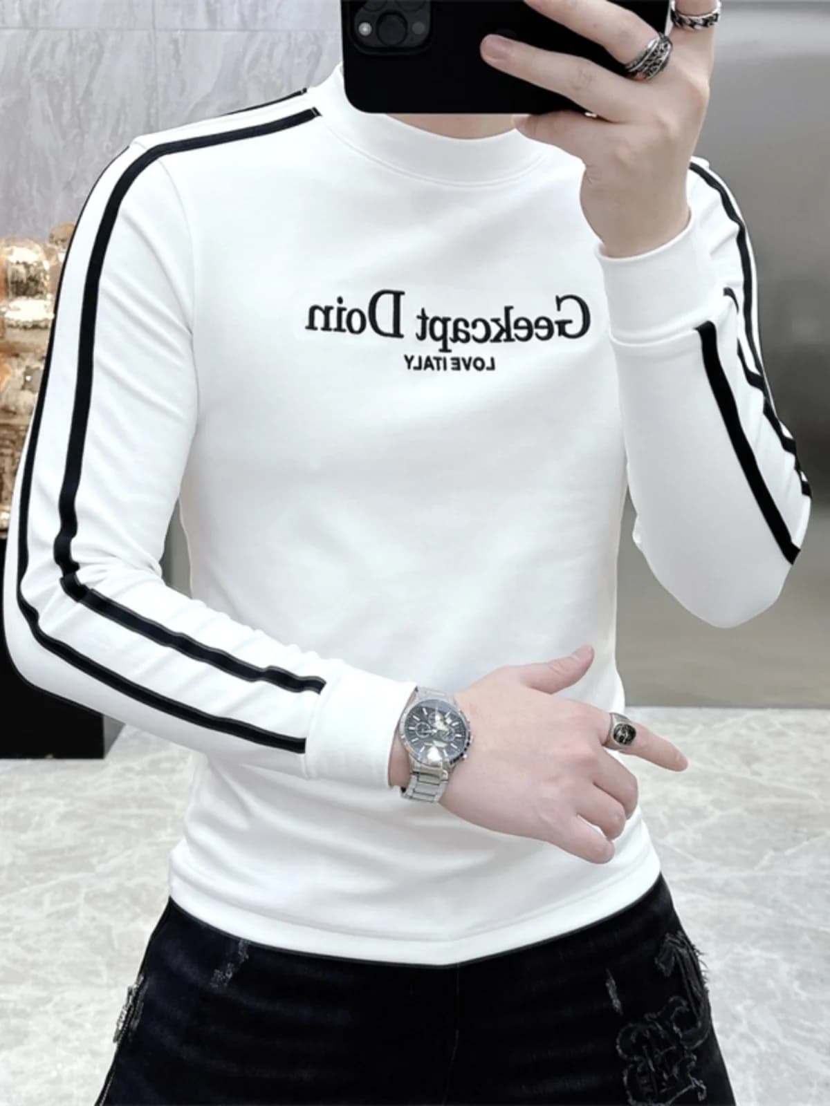Men's Slim Fit Long Sleeve T-Shirt Embroidered Fleece Lined High Collar Base Shirt Youth Fashion Urban Style Wear Resistant