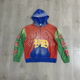 Streetwear Patchwork Letter Embroidery Zipper Terry Hooded Hoodie for Men Distressed Hole Cardigan Sweatshirt Jacket Oversized