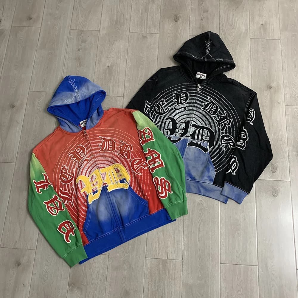 Streetwear Patchwork Letter Embroidery Zipper Terry Hooded Hoodie for Men Distressed Hole Cardigan Sweatshirt Jacket Oversized