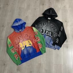 Streetwear Patchwork Letter Embroidery Zipper Terry Hooded Hoodie for Men Distressed Hole Cardigan Sweatshirt Jacket Oversized