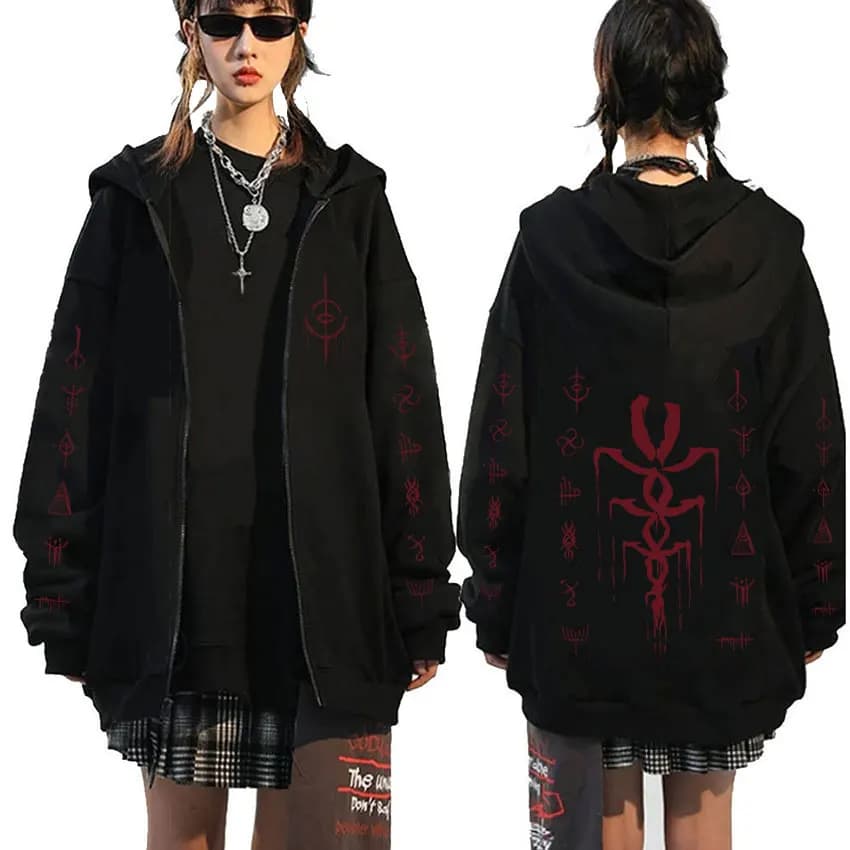 Game Bloodborne Graphic Zipper Hoodie Horror Hunter Cosplay Zip Up Jacket Men Women Casual Vintage Oversized Zip Up Sweatshirt