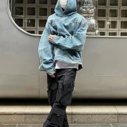 Mens Autumn Winter Fashion Denim Washed Distressed Retro Hoodie Genderless Street Fashion Casual Loose Denim Sweatshirt Unisex