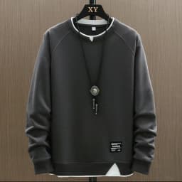 2025 New Mens Casual Sweatshirts Harajuku Solid Color Fashion Fake Two Pieces O-Neck Sweatshirt Hoodies Hip Hop Male Streetwear