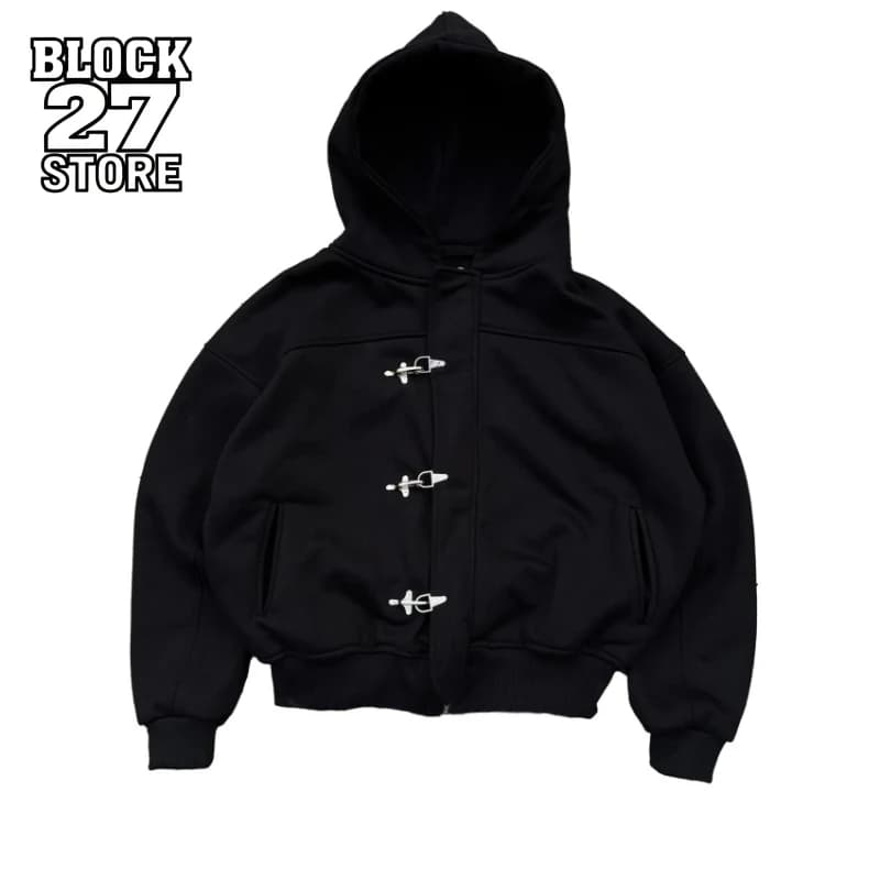 Mens Aircraft Buckle Hoodie Harajuku American Vintage Y2K Streetwear Button Design Solid Color Pullover Hooded Sweatshirt Long