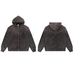 High Street Embroidery Washed Cross Zipper Hooded Hoodies for Men Streetwear Cardigan Loose Terry Sweatshirt Jacket Oversized