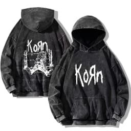 Korn Rock Band Vintage Washed Hoodies Korn Rock Hooded Sweatshirts Punk Oversized Long Sleeves Fashion Casual Pullover Unisex