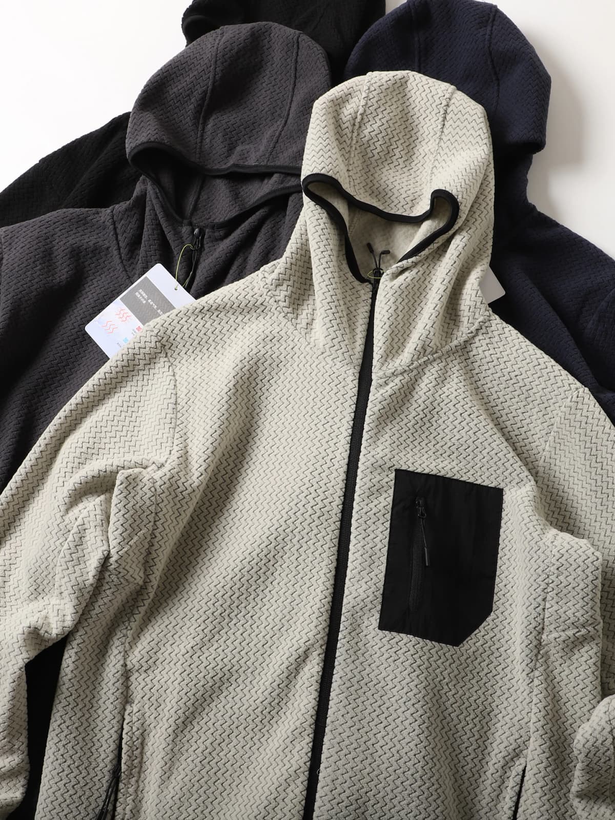 Warm Fleece Outdoor Hooded Open Cardigan Sweatshirt Casual Sporty Japanese Style Wave Patterned Men's Long Sleeve Zipper Jacket