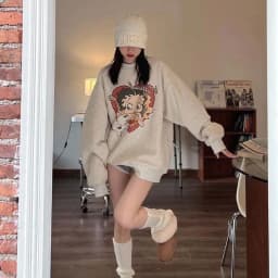 Cartoon Print Long Sleeve round Neck Sweatshirt Women's Loose Fit Comfortable Style Mid-Length Casual Top for Early Autumn