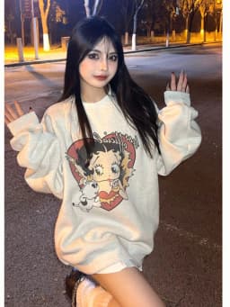 Cartoon Print Long Sleeve round Neck Sweatshirt Women's Loose Fit Comfortable Style Mid-Length Casual Top for Early Autumn