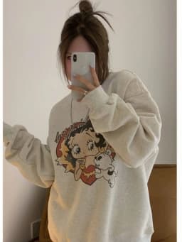 Cartoon Print Long Sleeve round Neck Sweatshirt Women's Loose Fit Comfortable Style Mid-Length Casual Top for Early Autumn