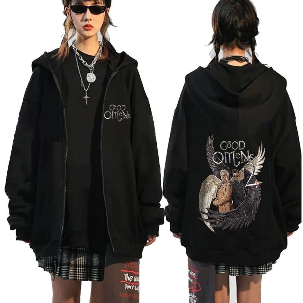 Good Omens Zipper Hoodies Men Fashion Vintage Zip Up Hooded Sweatshirt Unisex Casual Loose Oversized Pullovers Jacket Streetwear