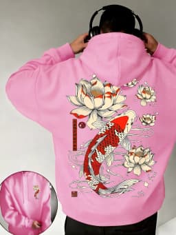 Beautiful Japanese Lotus Koi Prints Daily Comfy Hooded Casual Basics Clothing Autumn Pocket Streetwear Classic Loose Pullovers