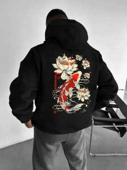Beautiful Japanese Lotus Koi Prints Daily Comfy Hooded Casual Basics Clothing Autumn Pocket Streetwear Classic Loose Pullovers