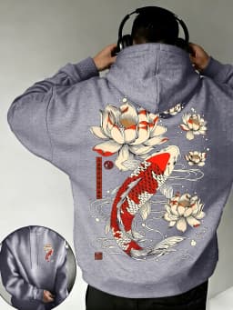 Beautiful Japanese Lotus Koi Prints Daily Comfy Hooded Casual Basics Clothing Autumn Pocket Streetwear Classic Loose Pullovers