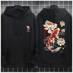 Beautiful Japanese Lotus Koi Prints Daily Comfy Hooded Casual Basics Clothing Autumn Pocket Streetwear Classic Loose Pullovers