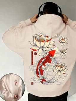 Beautiful Japanese Lotus Koi Prints Daily Comfy Hooded Casual Basics Clothing Autumn Pocket Streetwear Classic Loose Pullovers