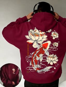 Beautiful Japanese Lotus Koi Prints Daily Comfy Hooded Casual Basics Clothing Autumn Pocket Streetwear Classic Loose Pullovers