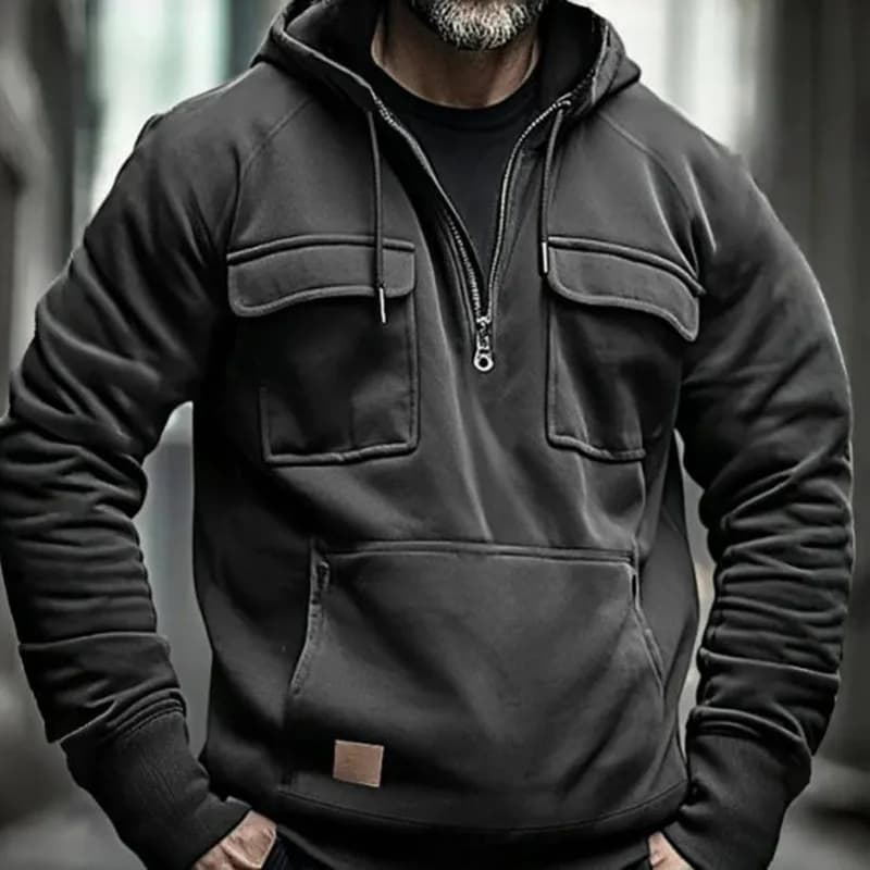 Autumn Winter Hoodies Men half-zip Patchwork Warm Fleece Sweatshirts Multi Pockets Male Fashion casual pullover Outdoor Hoodie