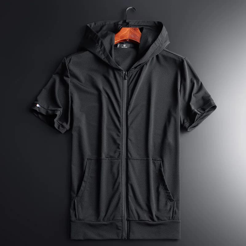 Summer Thin Ice Silk Hoodie Men's Half Sleeve Zipper Loose Open Cardigan Short Sleeve Mesh Sports Sweatshirt Jacket Trendy