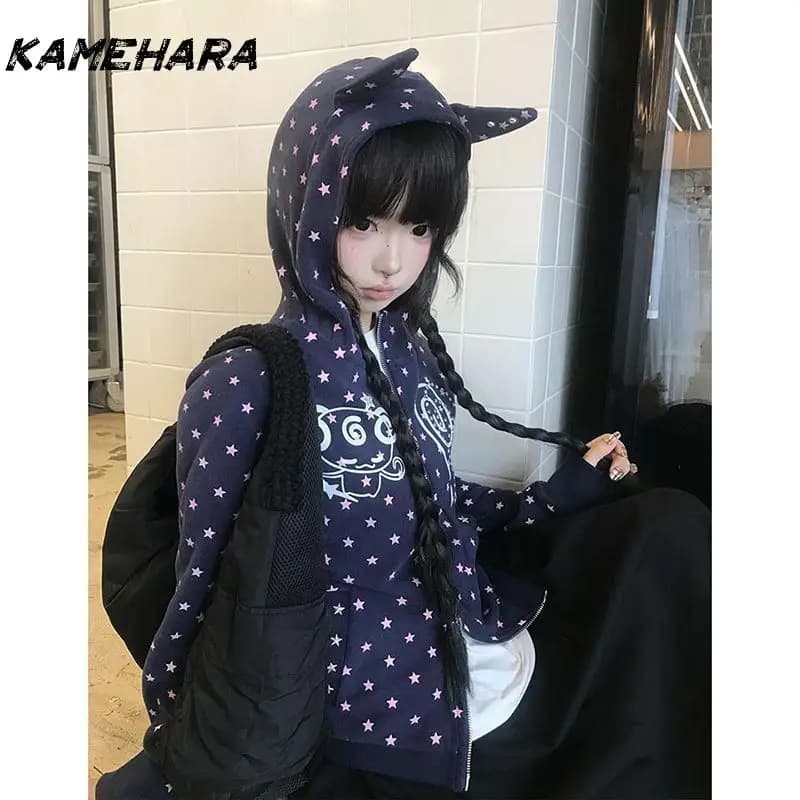 KAMEHARA Japan Original Design Black Subculture Slimming Women's K-pop Coats Autumn Cardigan Puff Sleeve Y2K Top Spicy Girl
