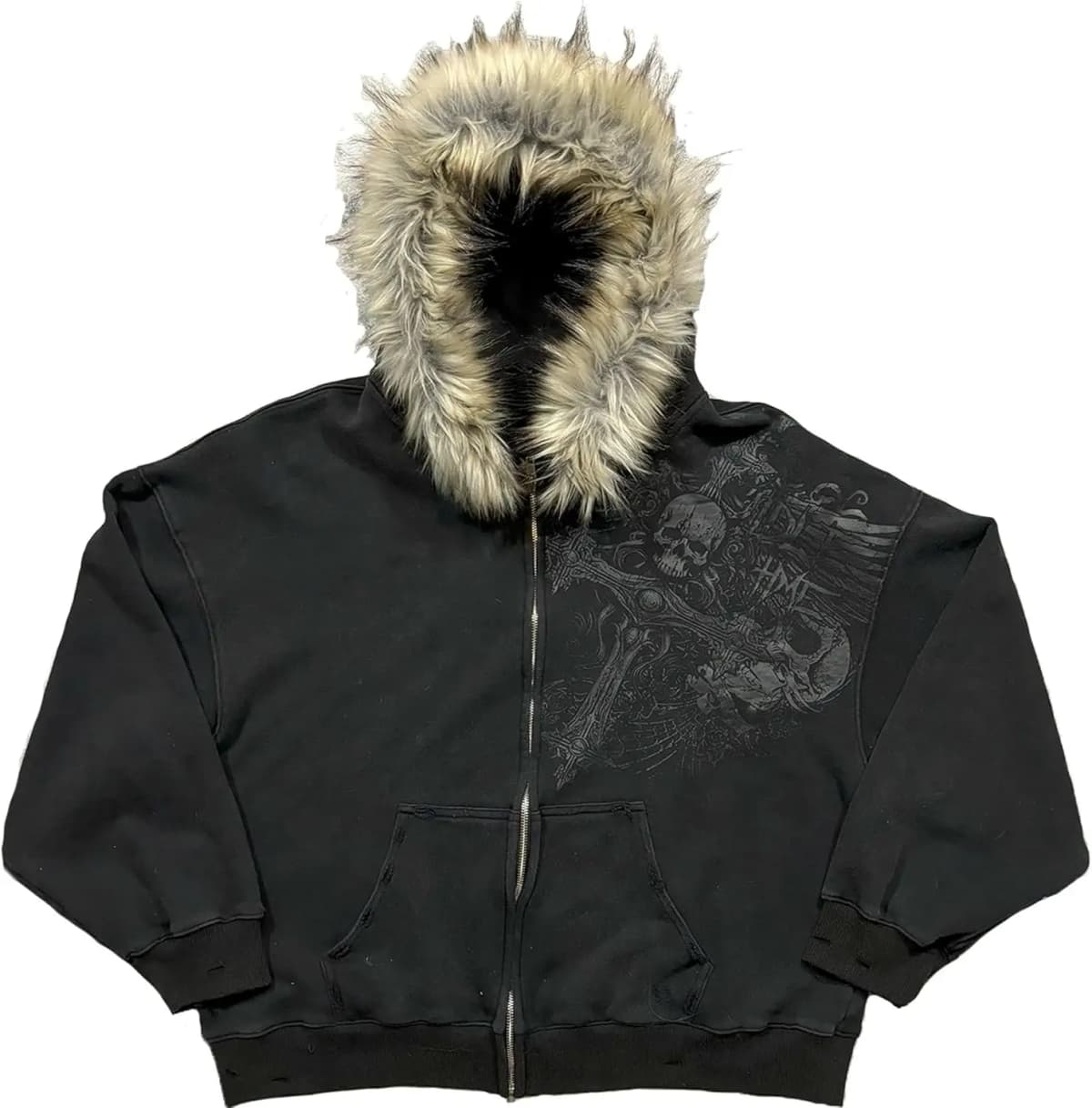 2000s Vintage Therian Fur Hood Jacket Y2k Goth Zip Up Hoodie Oversized Graphic Sweatshirt Emo Grunge Streetwear Fall Winter 2025