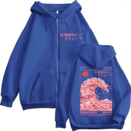 Japanese Style Hokkaido Wave Sakura Zipper Hoodie Men Women Fashion Aesthetic Tracksuit Oversized Fleece Casual Coats Streetwear