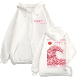 Japanese Style Hokkaido Wave Sakura Zipper Hoodie Men Women Fashion Aesthetic Tracksuit Oversized Fleece Casual Coats Streetwear