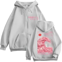 Japanese Style Hokkaido Wave Sakura Zipper Hoodie Men Women Fashion Aesthetic Tracksuit Oversized Fleece Casual Coats Streetwear