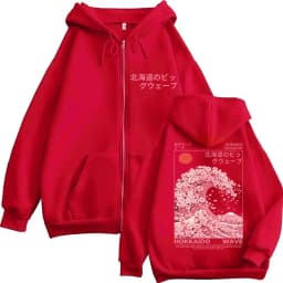 Japanese Style Hokkaido Wave Sakura Zipper Hoodie Men Women Fashion Aesthetic Tracksuit Oversized Fleece Casual Coats Streetwear