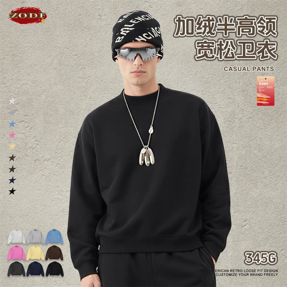 ZODF New Winter Man 345gsm Loose Fit Fleece Sweatshirt Unisex Cusual Boxy Warm Half Turtleneck Pullovers HY1181