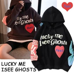 Harajuku Weirdo Graffiti Letter Printed Hoodies Men 2025 Lucky Me I See Ghosts Mens Hooded Sweatshirt Fleece Pullover Streetwear