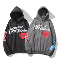 Harajuku Weirdo Graffiti Letter Printed Hoodies Men 2025 Lucky Me I See Ghosts Mens Hooded Sweatshirt Fleece Pullover Streetwear