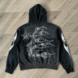 Handmade Ink Splashing Black Hooded Zipper Sweater HS Washing Water Pure Cotton Hooded Sweater