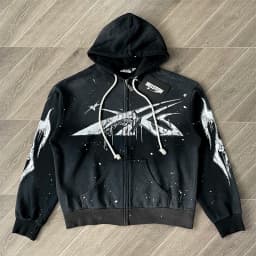 Handmade Ink Splashing Black Hooded Zipper Sweater HS Washing Water Pure Cotton Hooded Sweater