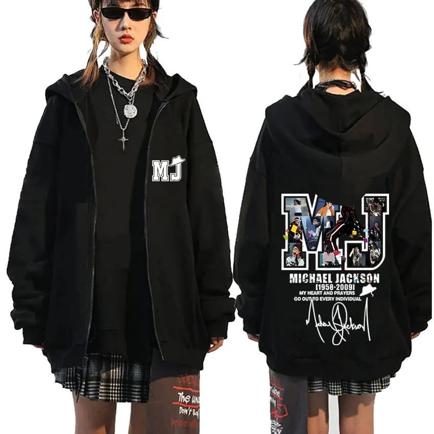 Classic Vintage Michael Jackson Zipper Hoodie Men Women Hip Hop Punk Rock Oversized Zip Up Jacket Men's Fleece Zip Up Sweatshirt
