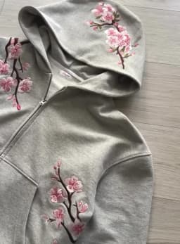 Men Womens Pink Zip Jacket Harajuku Hip Hop Pattern Streetwear Y2K Retro Oversized Sakura Print Hooded Jacket