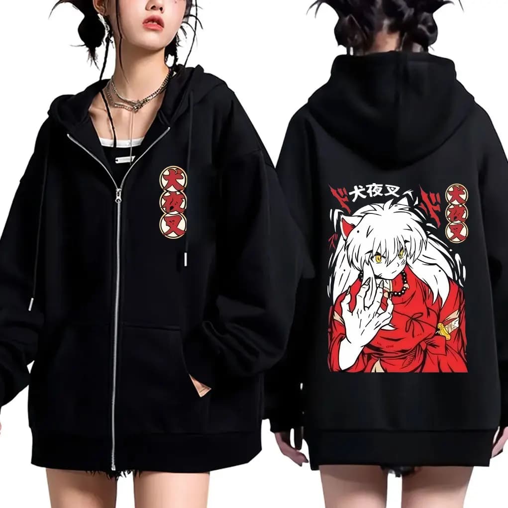 Anime Inuyasha Graphic Zipper Hoodie Men Women Casual Oversized Zip Up Hoodies Men's 90s Cartoon Manga Jacket Male Vintage Coat