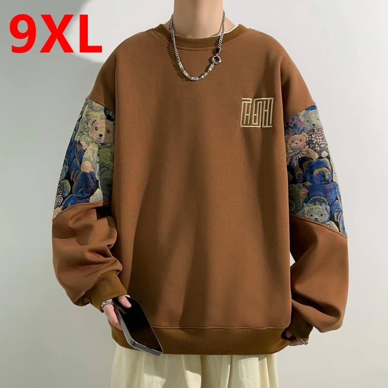 Men Spring Autumn Round Neck Hoodie Large Sizes Versatile Splicing Casual Bottom Shirt Hoodie Trendy 140kg 9xl