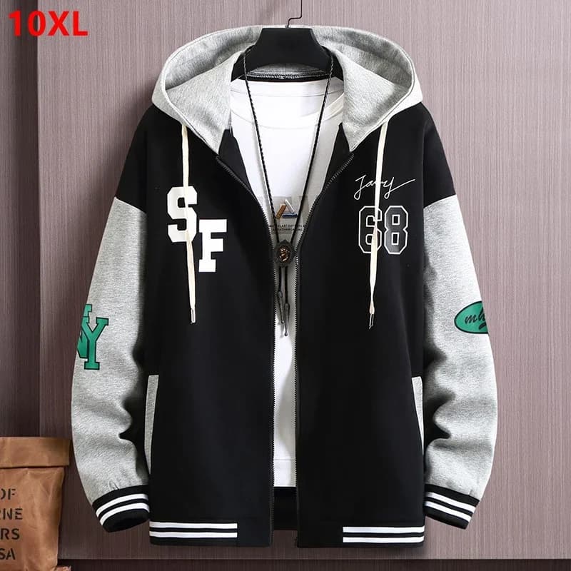 Fashionable Spring and autumn hoodie men's loose plus size splicing casual cardigan sport coat 150kg 10xl 9xl tracksuit men