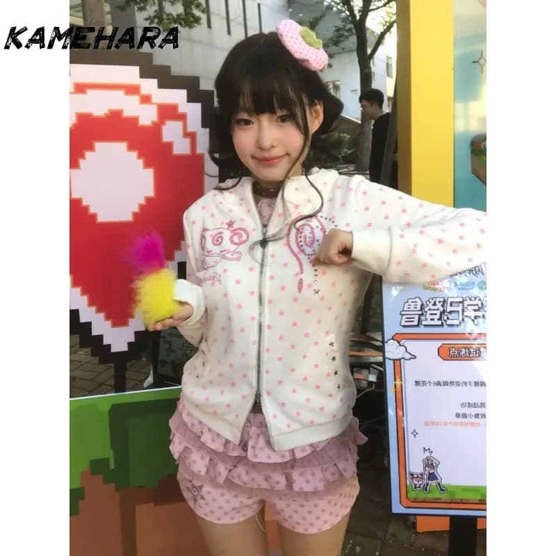 KAMEHARA Y2K Aesthetic Cute Devil Hooded Jacket Sweet E-girls Japan Kawaii Horned Zip-Up Hoodie Pink Star Print Cartoon Star Top