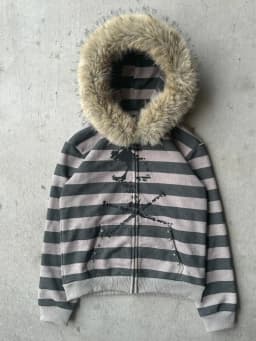 High Street Stylish Striped Skull Print Cute Plush Hat Hoodies Fashion Gothic Streetwear Casual Loose Neutral Zipper Sweatshirts