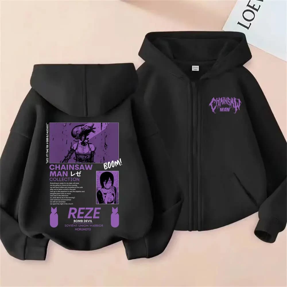 Anime Chainsaw Man Zipper Hoodie Cartoon Reze Graphic Zip Up Jacket Men Women Manga Oversized Fleece Cotton Zip Up Sweatshirt